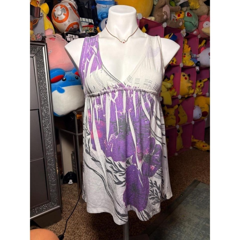 Y2K Teenbell Purple Floral Babydoll Tunic Top White Sleeveless V-Neck S #2